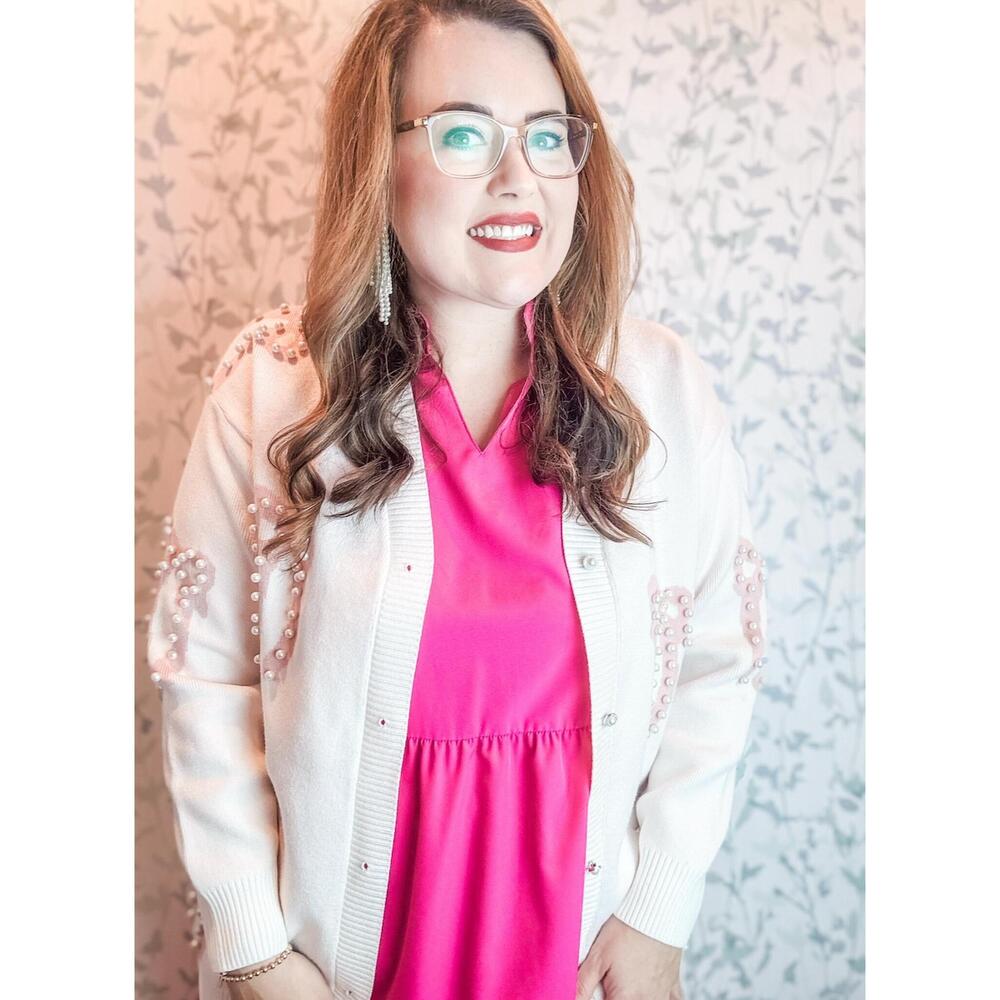 NEW HEART OF GRACE pearl bow cardigan in beige